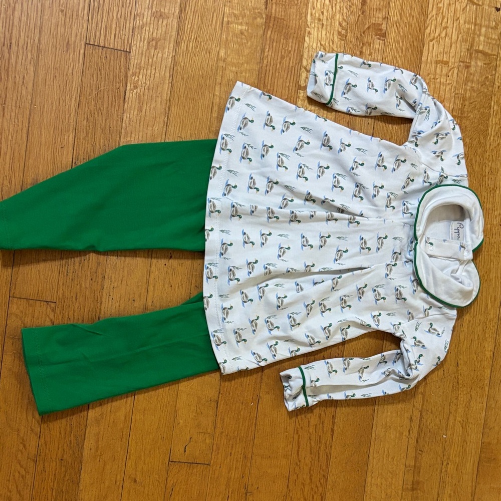 White and Green Duck Print Baby Outfit